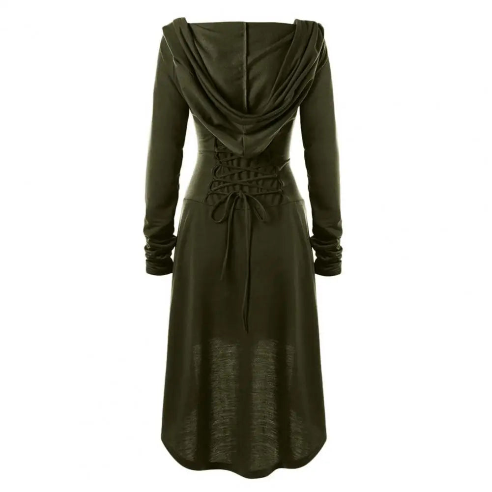 Women Milk Silk Dress Hooded Long Sleeves Lace-up Strap Slim Waist Irregular Hem Women Midi Dress Festival Party Halloween Dress