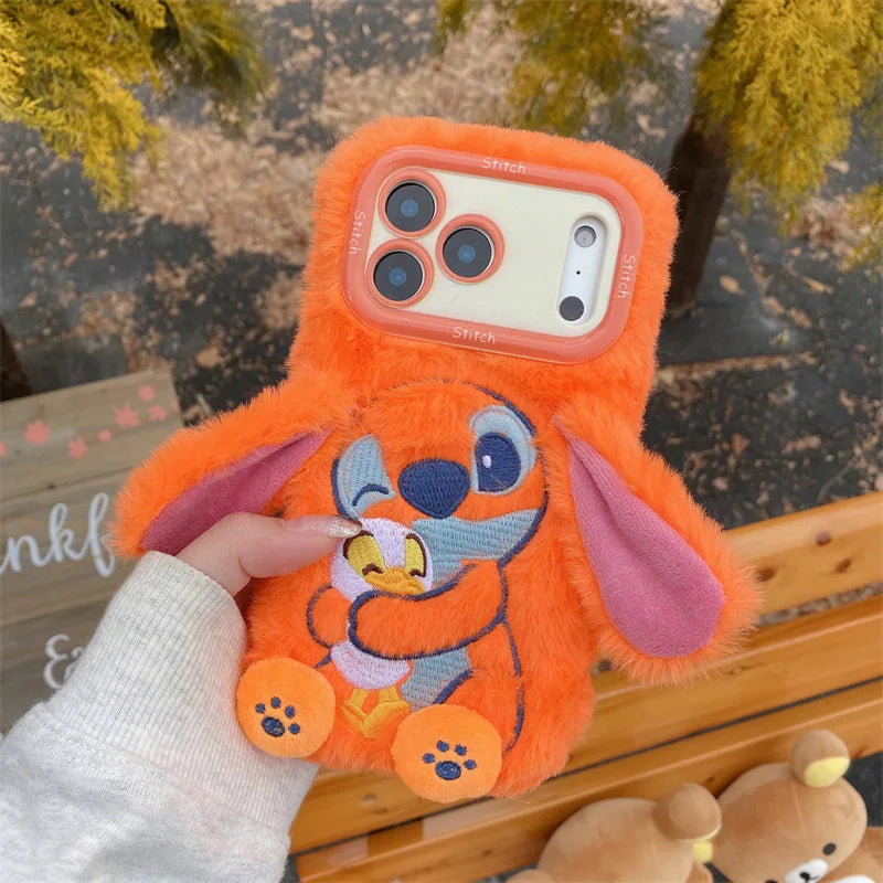 Plush Embroidery Stitch iPhone Case with Stand Furry Ears Cover for iPhone 13 17 Pro Max 16 15 Cute Shockproof Phone Accessories