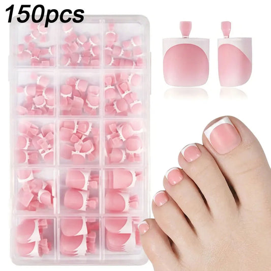 150pcs Light Pink Short Square Press On Toenails Matte White French Tip False Toenails Full Cover Toenail Extension Tips 15size%