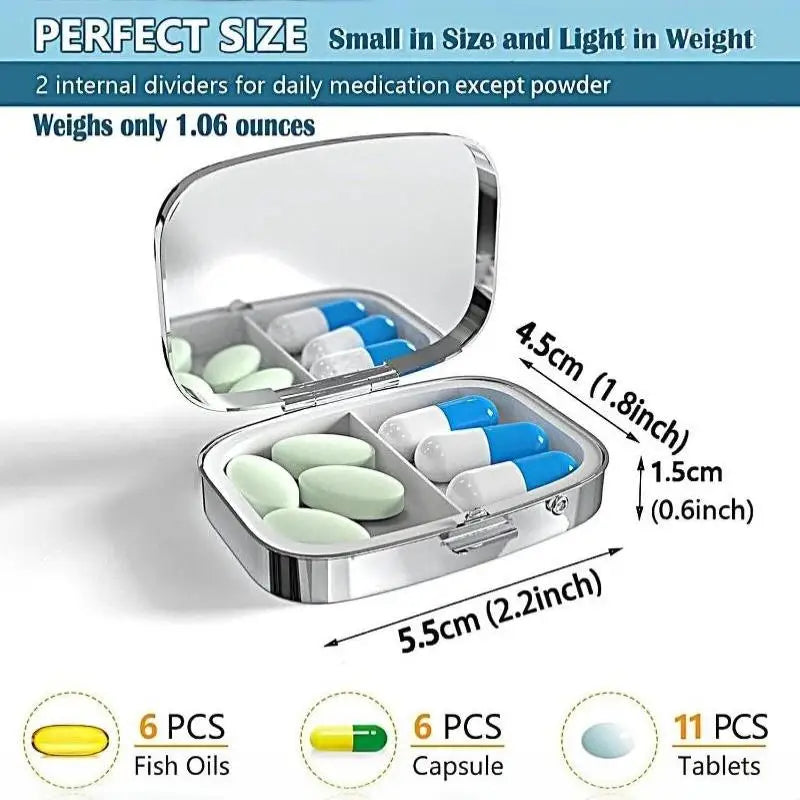 【WA】LUCKY TUNA Sardines Print Metal Pill Box, Portable 2-Compartment Travel Pill Organizer For Vitamins & Pills