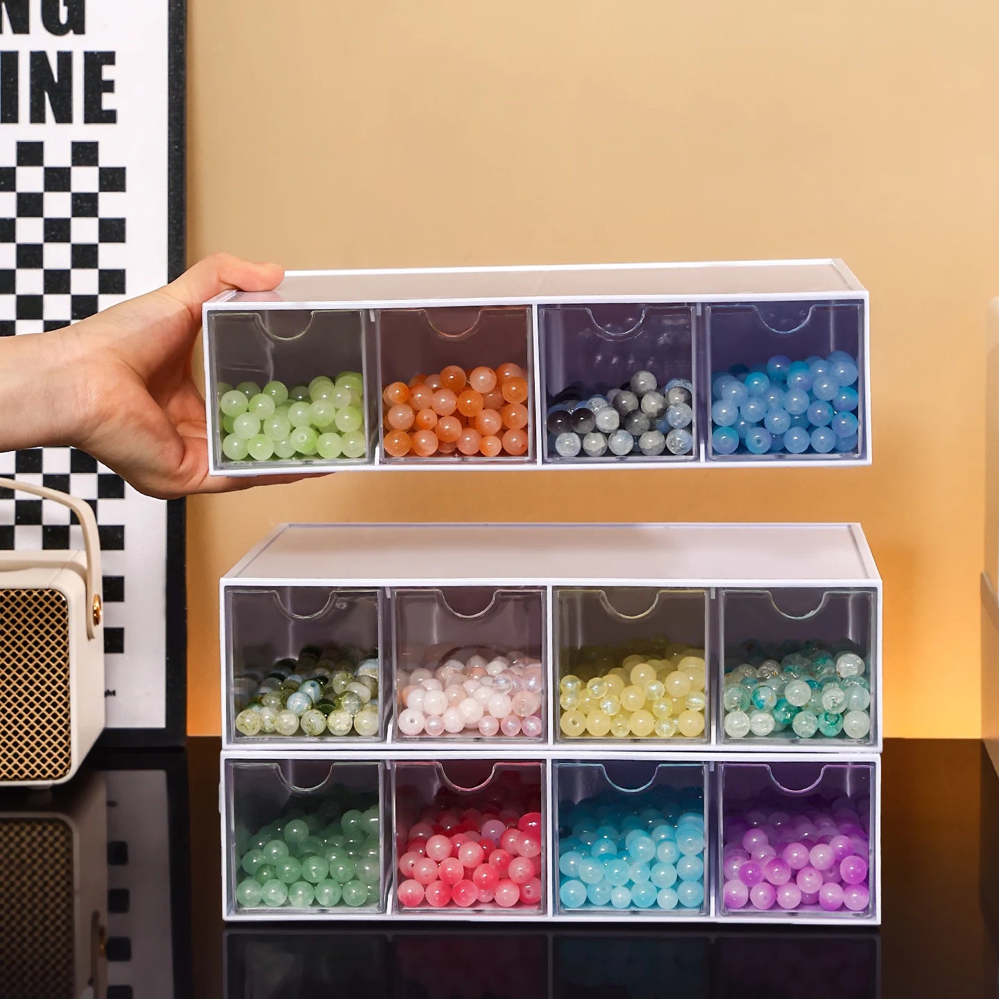 1pc Acrylic 1Layer 4Grid Bead Jewelry Organizer Stackable Separate Compartment Desktop Storage Box Suitable Hair Jewelry Storage