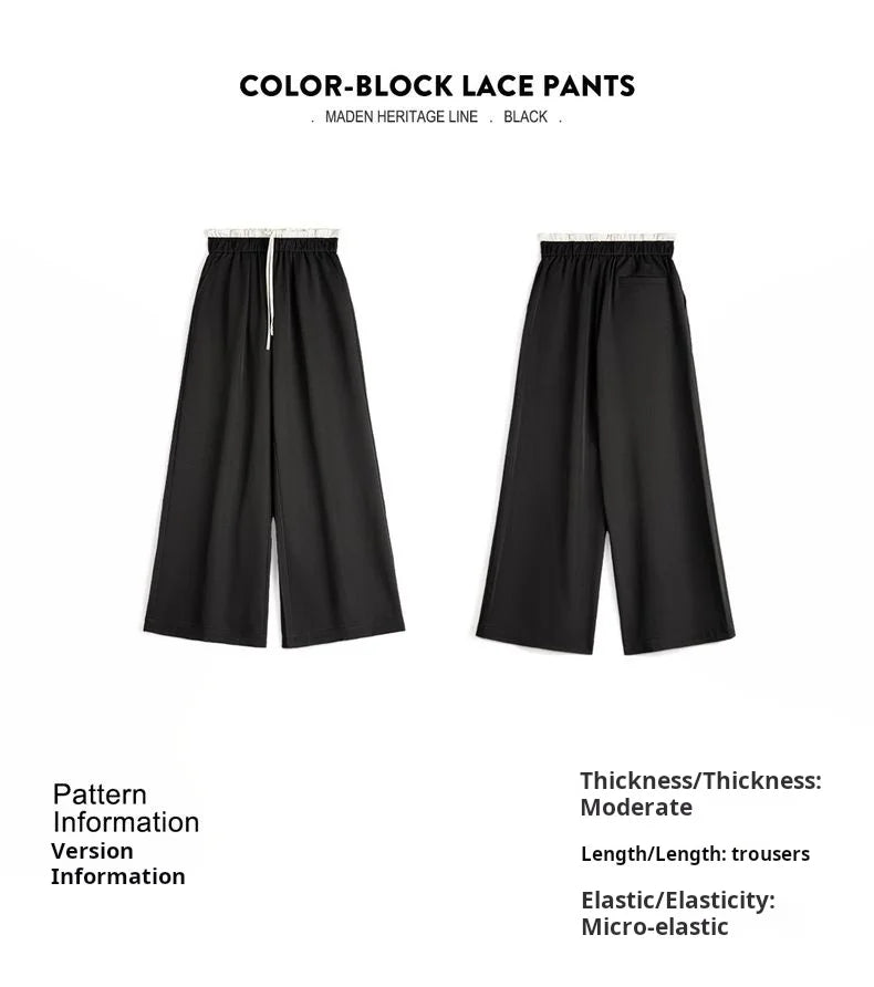 Maden Women's Wide Leg Patchwork Pants Black Elastic Waist with Drawstring Trousers Breathable Office Dress Pants for Summer