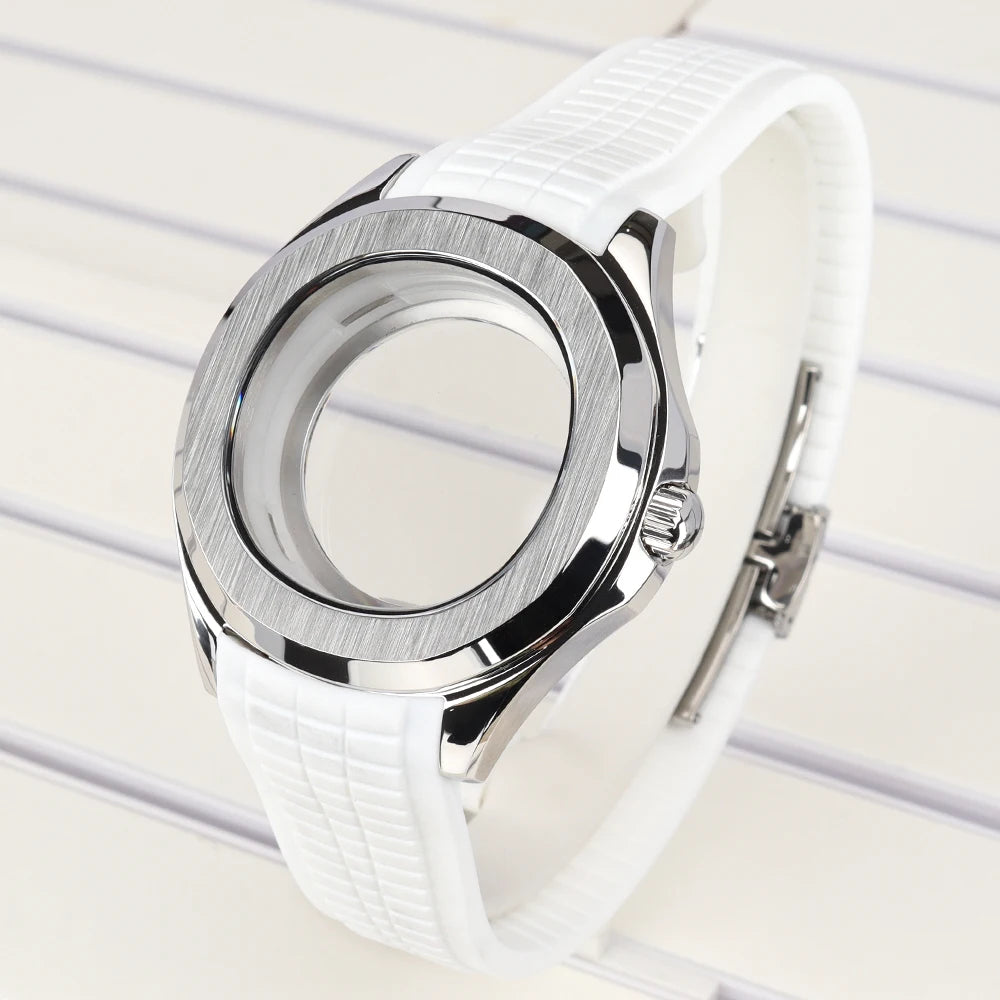 42mm Silver NH35 Watch Case Polished Brushed Black strap SapphireGlass For Nautilus AQUANAUT Cases Part NH35 NH36 NH38 32mm Dial