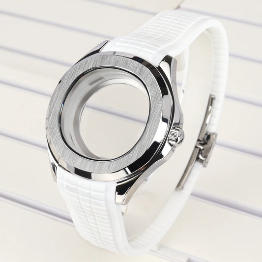 42mm Silver NH35 Watch Case Polished Brushed Black strap SapphireGlass For Nautilus AQUANAUT Cases Part NH35 NH36 NH38 32mm Dial