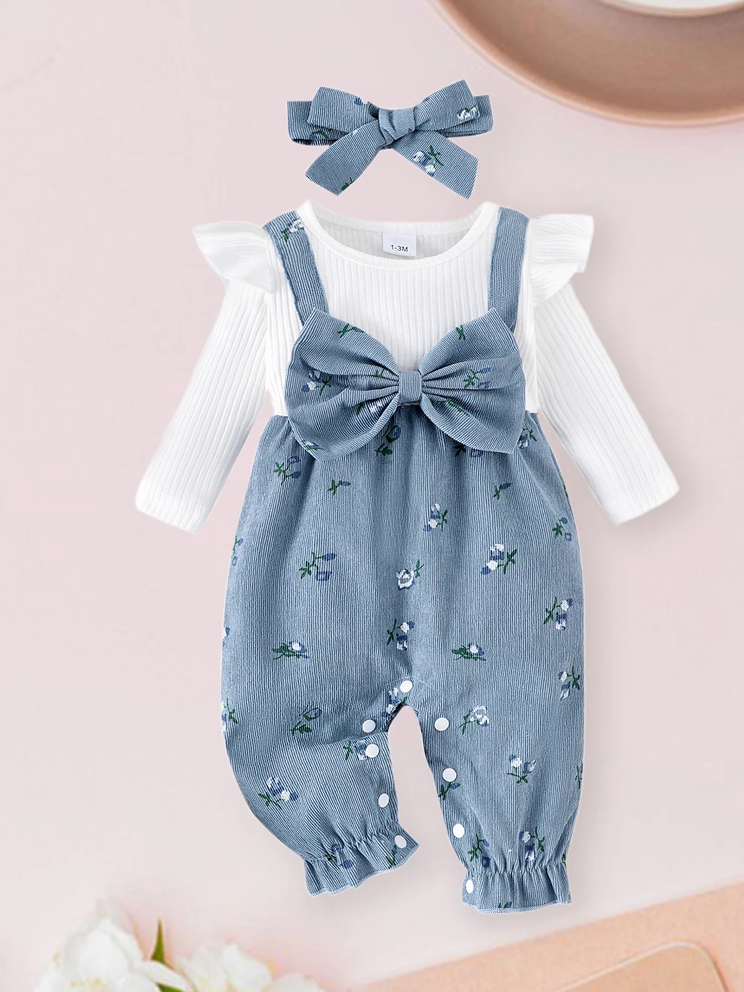 Sweety Baby Girls Long Sleeve Romper Floral Print Fake Two Pieces Patchwork Bow Jumpsuits Headband Set