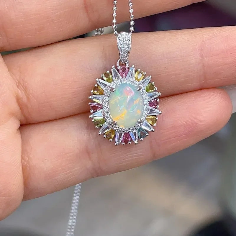 SACE GEMS S925 Sterling Silver Certified 8*10MM Natual Opal Pendant Necklaces for Womne Engagement Cocktail Party Fine Jewelry