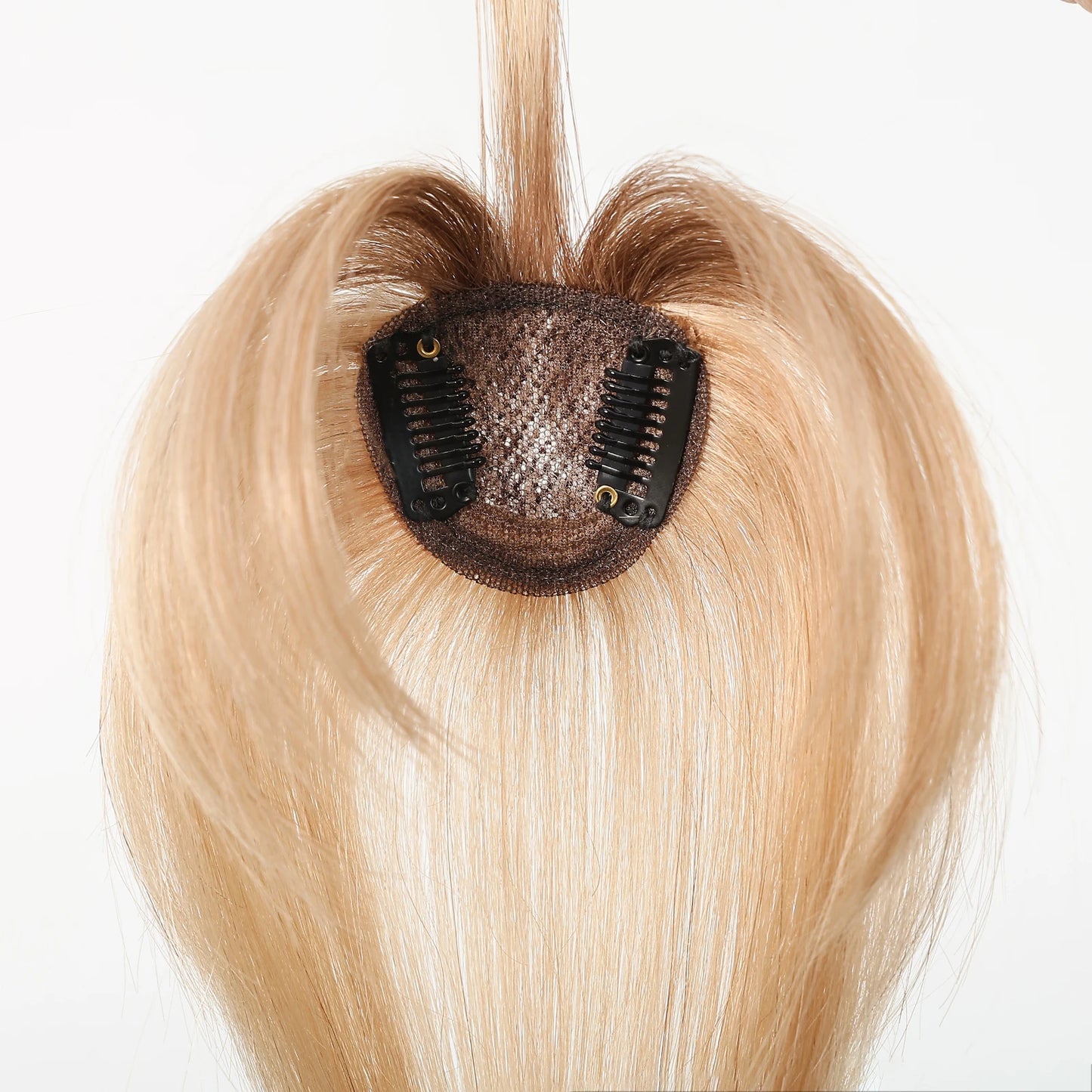 100% Human Hair Blonde Ombre Blunt Cut Wispy Bangs with Sideburns 5x5cm Clip-in Fringe Hairpiece with Top Hair Patch for Daily