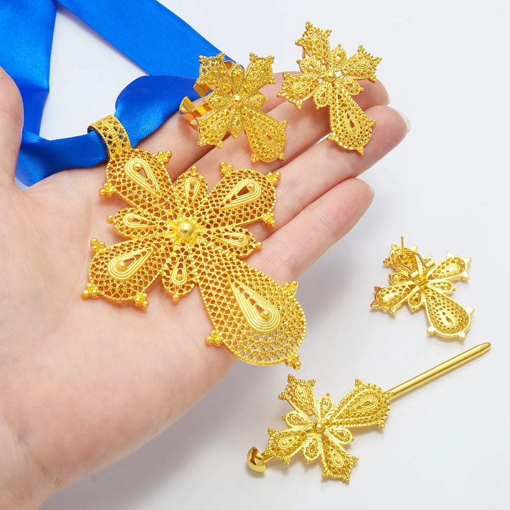 Anniyo Ethiopian Cross Jewelry sets Silver/Gold Color Necklaces Earrings Ring Hairpin Eritrean African Ethnic Wedding #313806