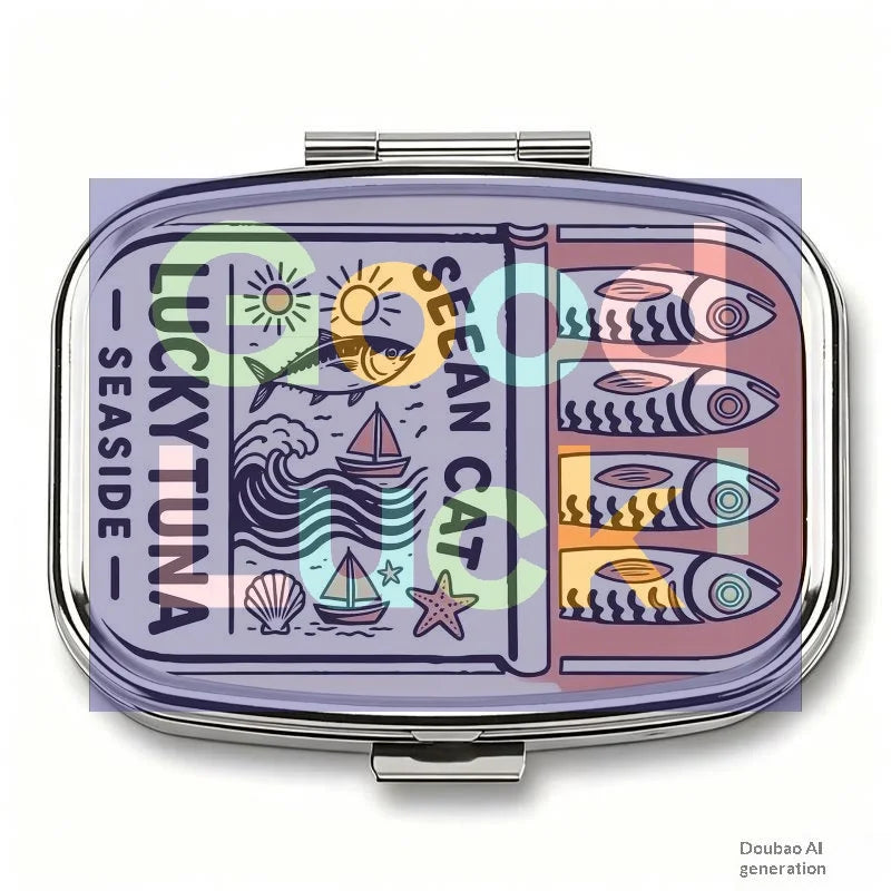 【WA】LUCKY TUNA Sardines Print Metal Pill Box, Portable 2-Compartment Travel Pill Organizer For Vitamins & Pills