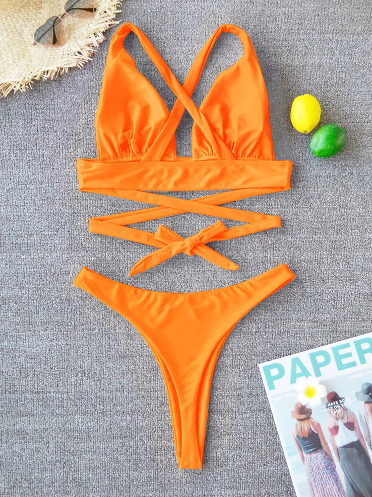 Sexy Bikini 2025 Solid Swimsuit Female Swimwear Women Push Up Bikini Set Cross Bandage Bathing Suit Beach Wear Swimming Suit