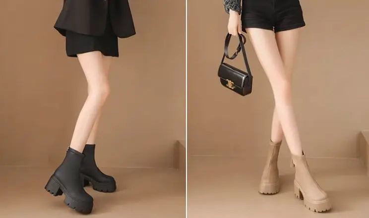 8CM Autumn Chunky Boots High Platform Leather Sneakers Women Round Toe Chelsea Boots British Style Thick Sole Female Ankle Shoes