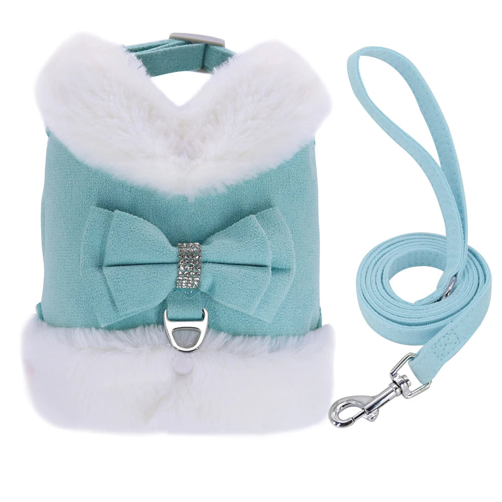 Soft Warm Dog Vest Harness and Leash Set Cute Bowknot Pet Winter Clothes Vest Warm Fur Small Dog Clothing French Bulldog Pink