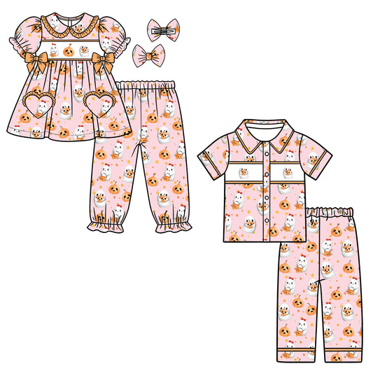 New Kids Halloween Ghost Pumpkin Outfit Girls Puff Sleeve Dress Boys Button Collar Shirt Ruffle Pants Christmas Bear Set