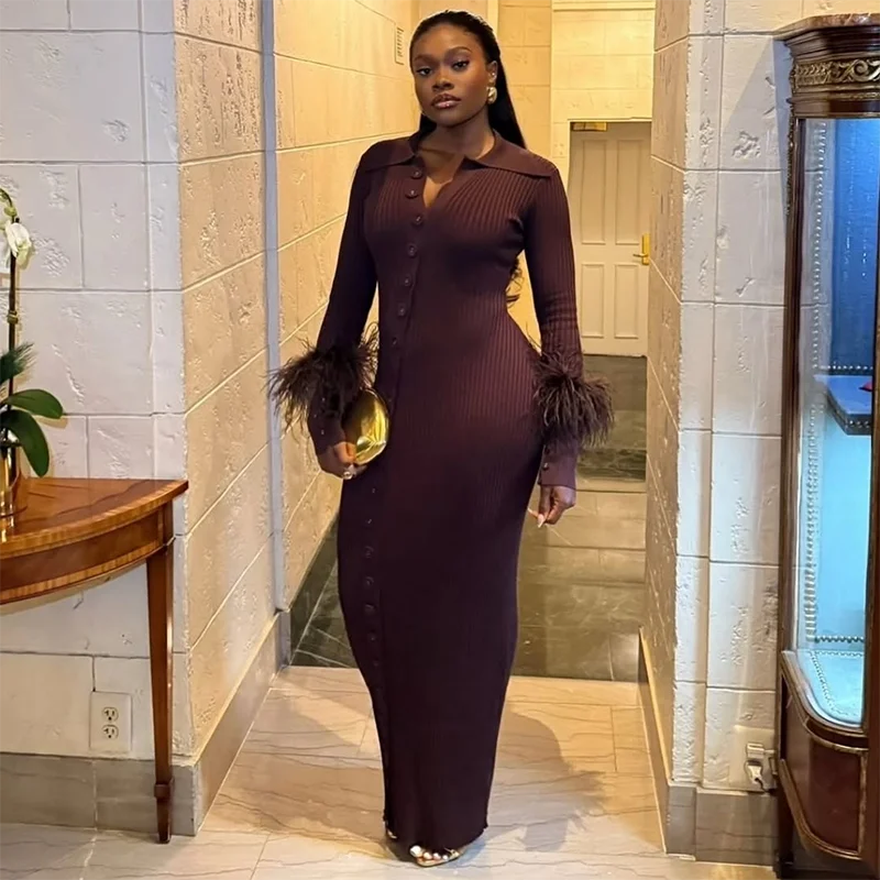 Sexy Knitted Fur Long Party Dress Women Solid Patchwork Full Sleeve V-neck Single Breasted Slim Dresses 2025 Fashion Evening Rob