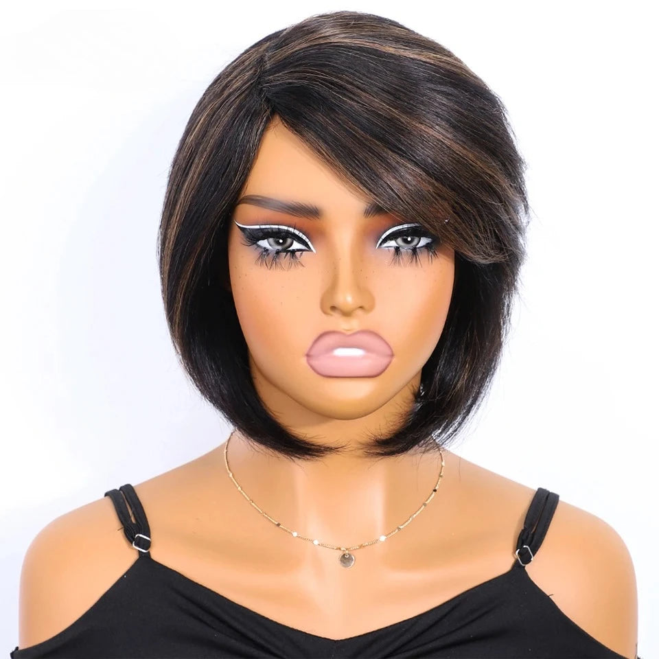 Short Straight Bob Human Hair Wigs With Bangs Full Machine Made Side Part Bob Human Hair Wigs For Women Beginner Friendly