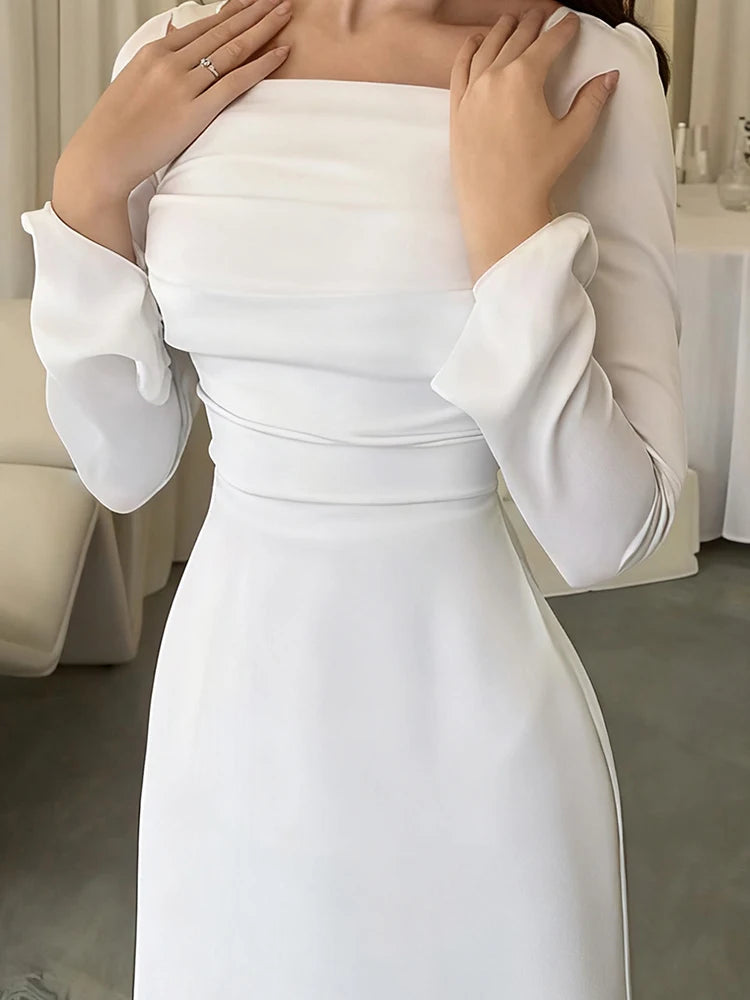White Slim High Waist Banquet Dress Temperament Women Long Sleeve Party Maxi Dresses Fashion Square Collar Pleated Evening Dress