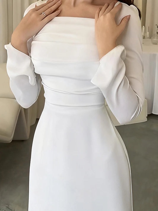 White Slim High Waist Banquet Dress Temperament Women Long Sleeve Party Maxi Dresses Fashion Square Collar Pleated Evening Dress