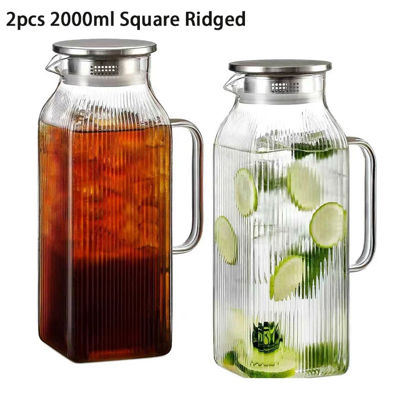 JUSTINLAU 1.2/2L Cold Water Jug High Borosilicate Glass Water Pitcher for Steamed Juice Fruit& Iced Tea Home Kitchen Accessories