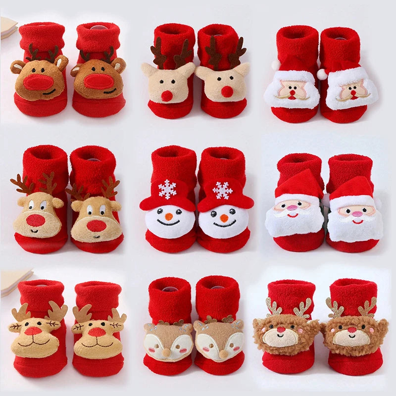 2 Pairs Kids Cotton Socks for Girls Boys Non-slip Toddler Baby Christmas Socks for Newborn Winter Warm New Year Infant Socks