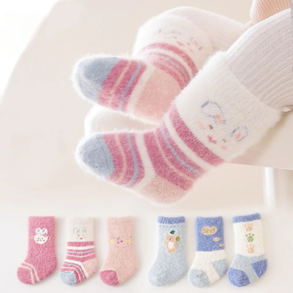 3Pair Adorable Winter Cartoon Baby Plush Socks,Soft Socks for 0-24 Mother Baby and Toddler,Comfortable Footwear for Little Ones