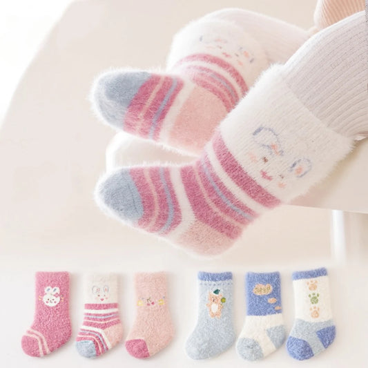 3Pair Adorable Winter Cartoon Baby Plush Socks,Soft Socks for 0-24 Mother Baby and Toddler,Comfortable Footwear for Little Ones