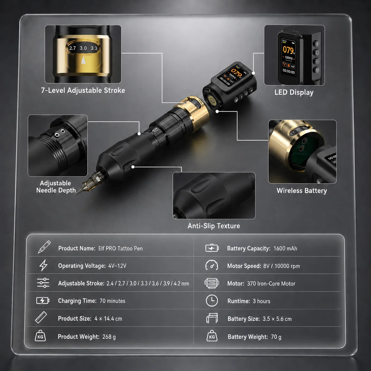 Elf PRO Wireless Tattoo Pen Machin 1700mAh Battery 2.4-4.2mm Adjustable Stroke Display Charge Tattoo Gun Permanent Makeup