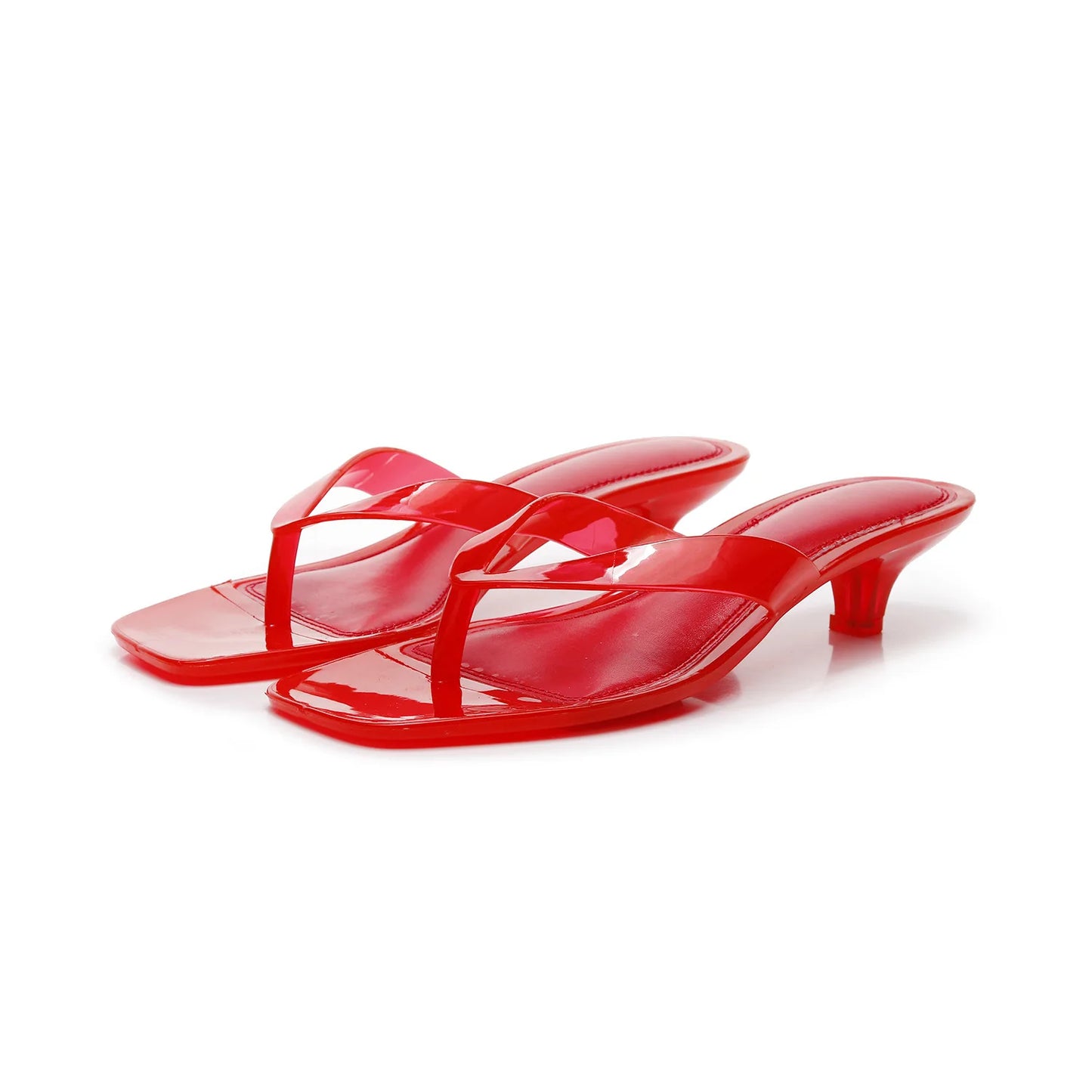 Vacation Elegant Kitten Heel Thong Sandals, Square Toe Clear Brown Jelly Flip Flops, Women Summer Comfortable Beach Party Shoes