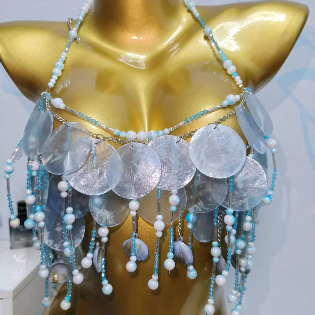 Handmade Sparkly Bohemian Mermaid Shell Beaded Halter Top Women Summer Beach Party Vacation Rave Outfit Sequins Beaded Bra Tops