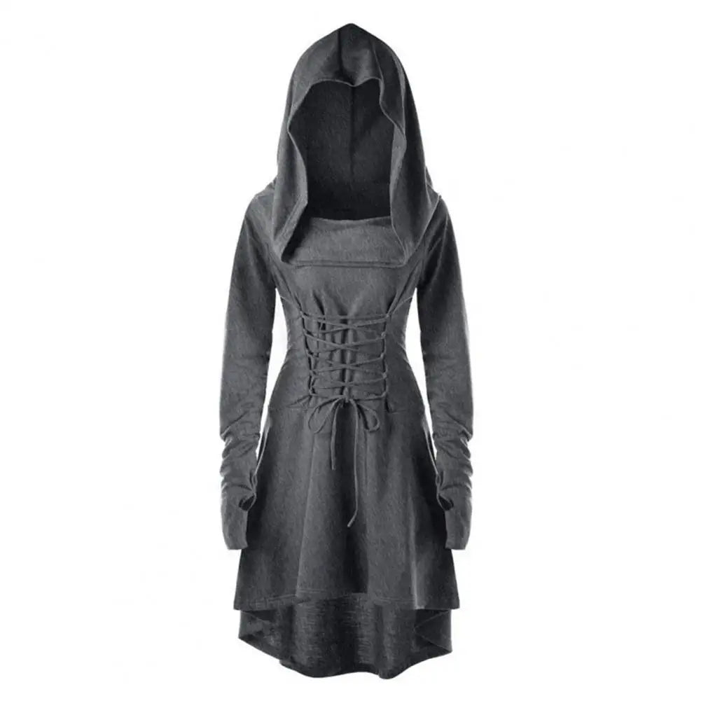 Women Milk Silk Dress Hooded Long Sleeves Lace-up Strap Slim Waist Irregular Hem Women Midi Dress Festival Party Halloween Dress