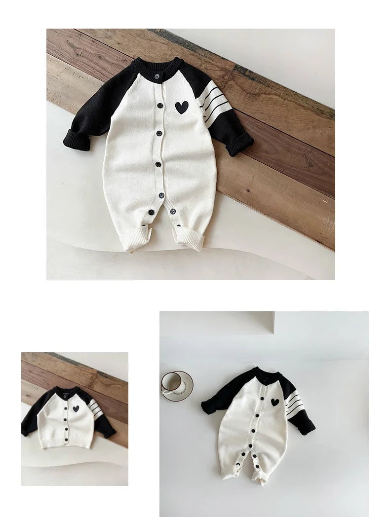 2025 Autumn New Baby Long Sleeve Patchwork Romper Infant Baby Heart Knitted Jumpsuit Cotton Newborn Toddler Casual Clothes 6M-3T