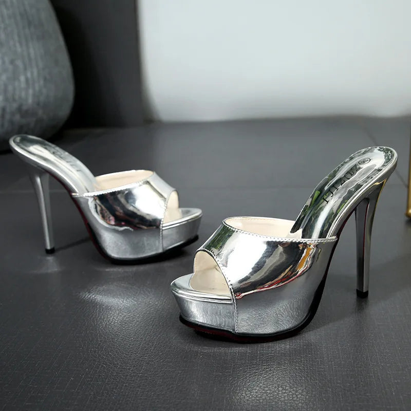 Summer Slippers Women Glossy Leather Gold Silvery High Heels 12CM Party Lady Shoes Mules Fashion Female Platform Slides Sandals