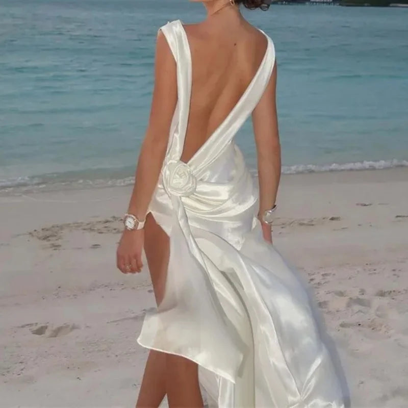Elegant Satin Dress for Women Sexy Spliced Floral Hollow Out Backless Slit Long Dresses 2025 New Chic Temperament Cocktail Dress