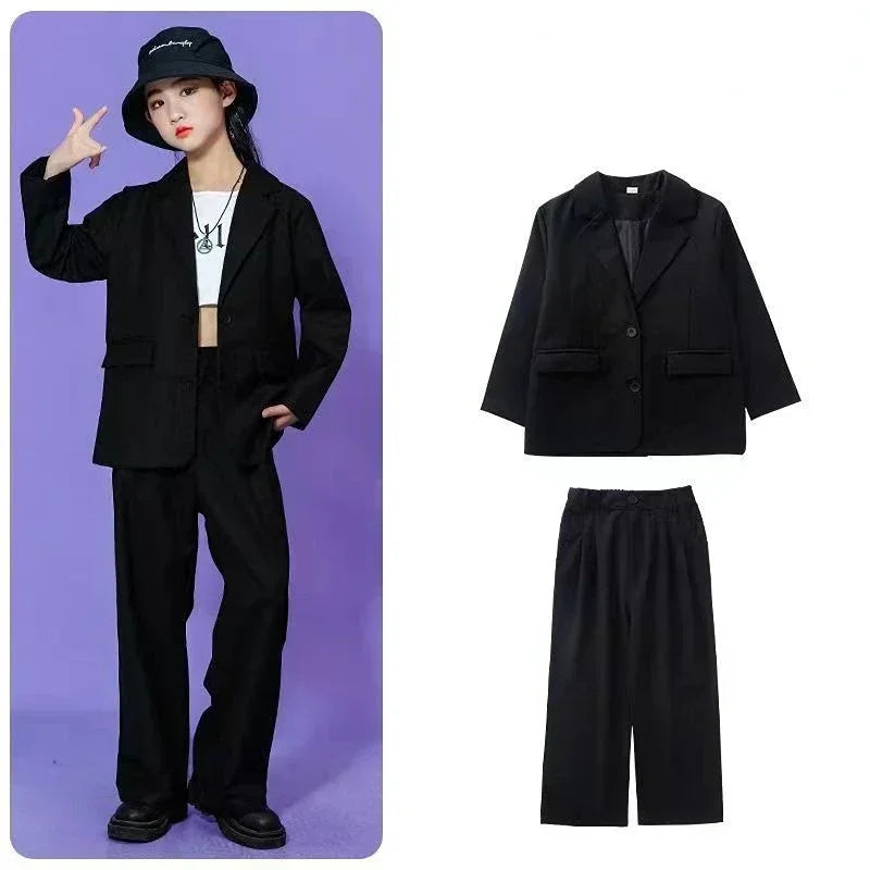 Kids Hip Hop Dance Costume Boys Girls Blazer Pants Set Streetwear Outfit for Stage Performance Competition Jazz Dance Photoshoot