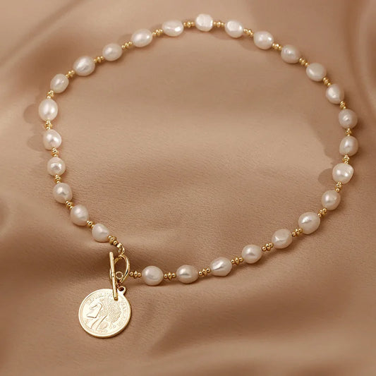 Elegant Gold Coin Portrait Natural Big Baroque Freshwater Pearl Female Pendant Necklace Jewelry For Women Chains Birthday Gifts