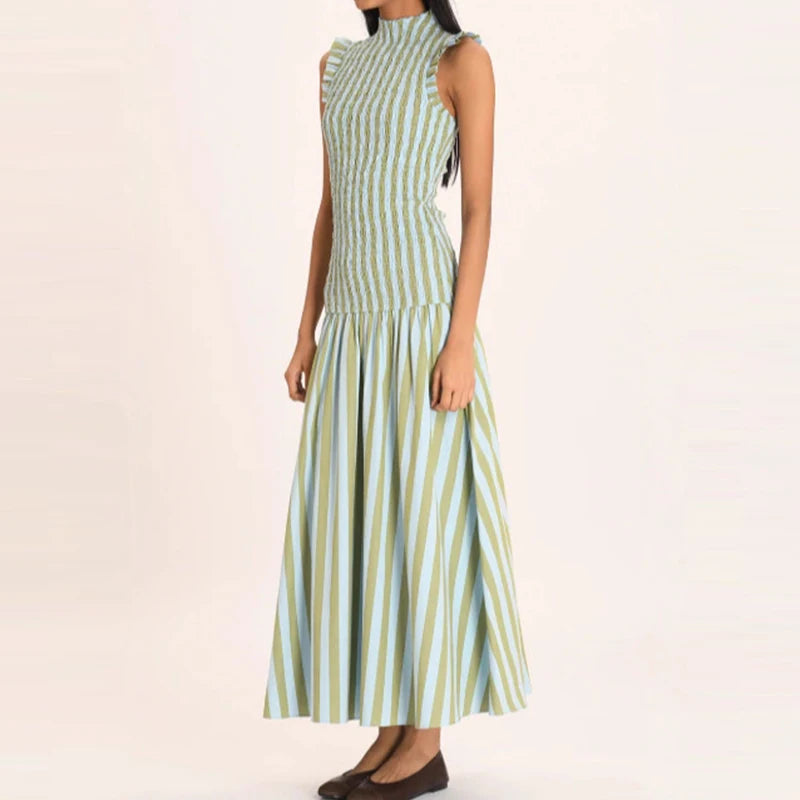 Fashion Half High Collar Vacation Long Dress Casual Sleeveless Draped Bohemian Dress Elegant Hight Waist Slim Swing Party Dress