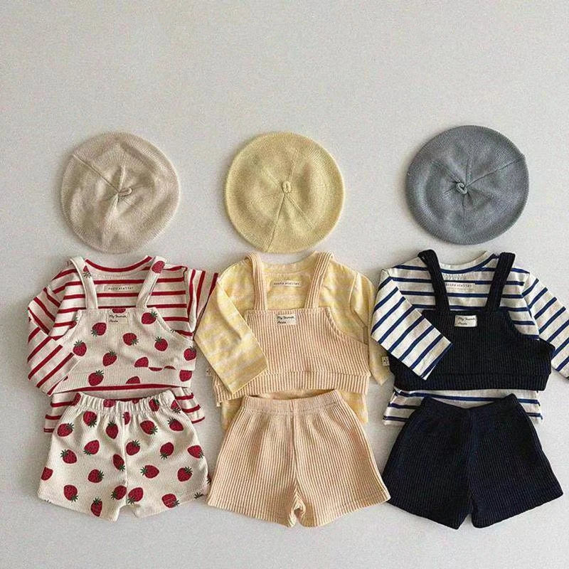 2025 Autumn New Baby Girl Cute Strawberry Print Clothes Set Infant Ribbed Vest + Shorts 3pcs Suit Cute Toddler Girl Outfits