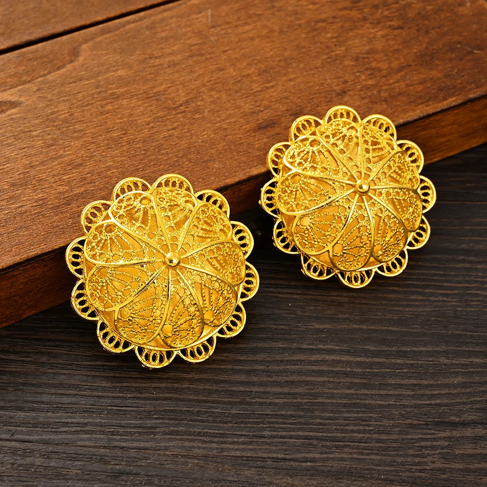 Luxury Golden Plated Bridal Jewelry Sets for Women Ethiopian Pendant Hairpin Necklace Earrings Bangle Ring Wedding Gift