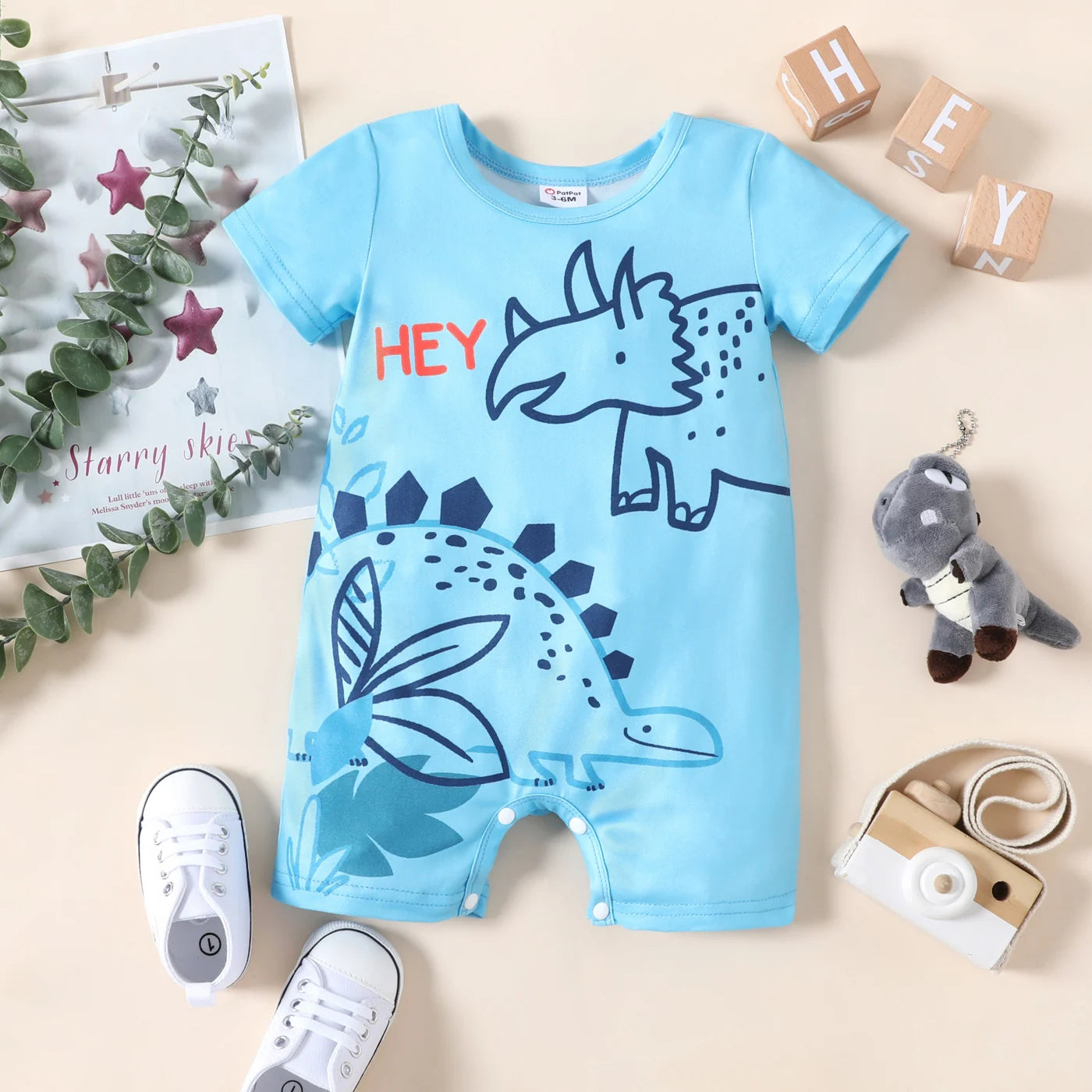 PatPat Baby Boy Stripe/Dinosaur Print Short-sleeve Romper