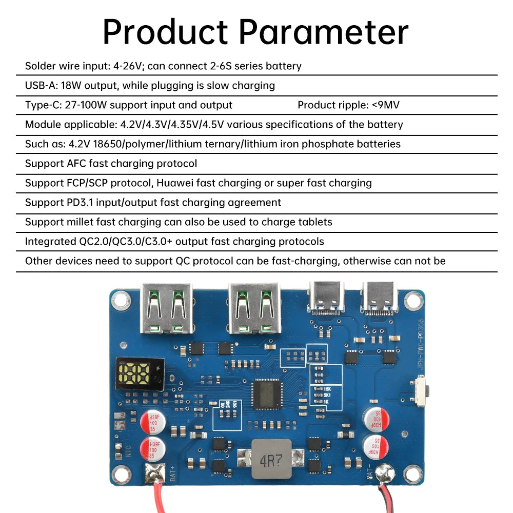 100W PD QC Mobile Power Module 2-6S Lithium Battery Protection Board Bidirectional Fast Charging DIY Power Bank Supporting MPPT