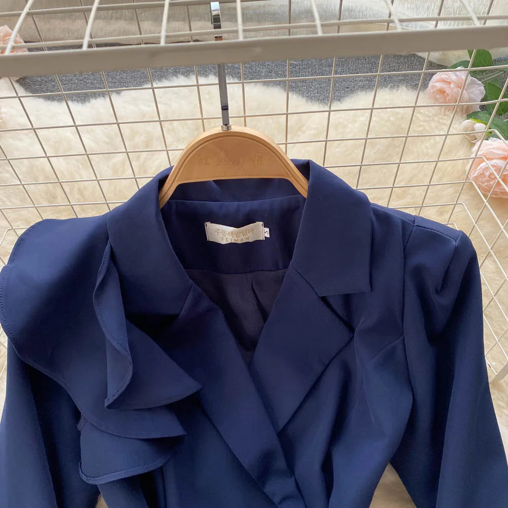 Women Elegant Office Dress Spring Autumn Long Sleeve Fashion Slim with Belt Midi Dresses Vintage Ladies Blazer Dress Vestidos
