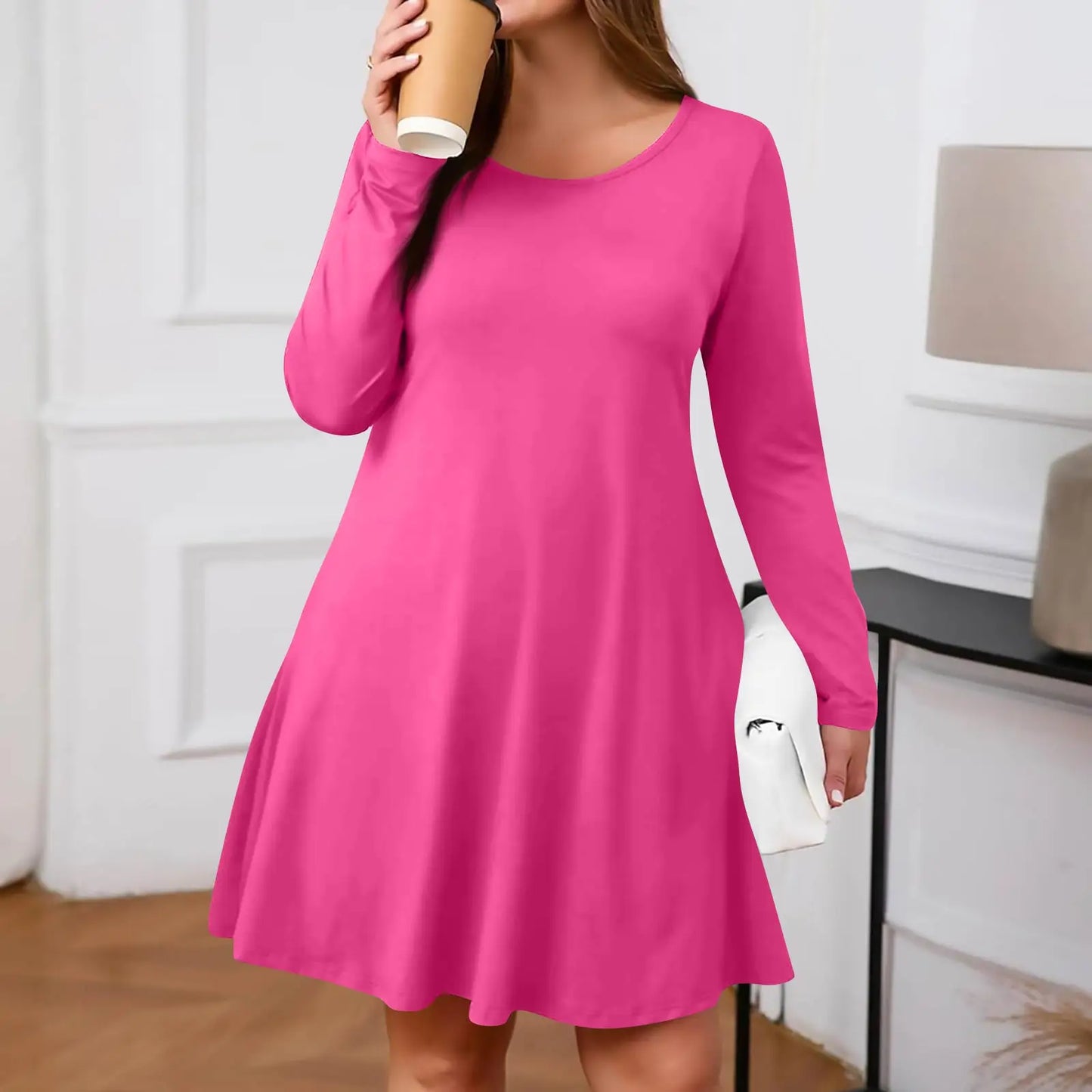 Plus Size Dress for Women Solid-Colour Casual Dress Spring/Autumn Pocket Round Neck Long-Sleeved Dresses vestidos femenino