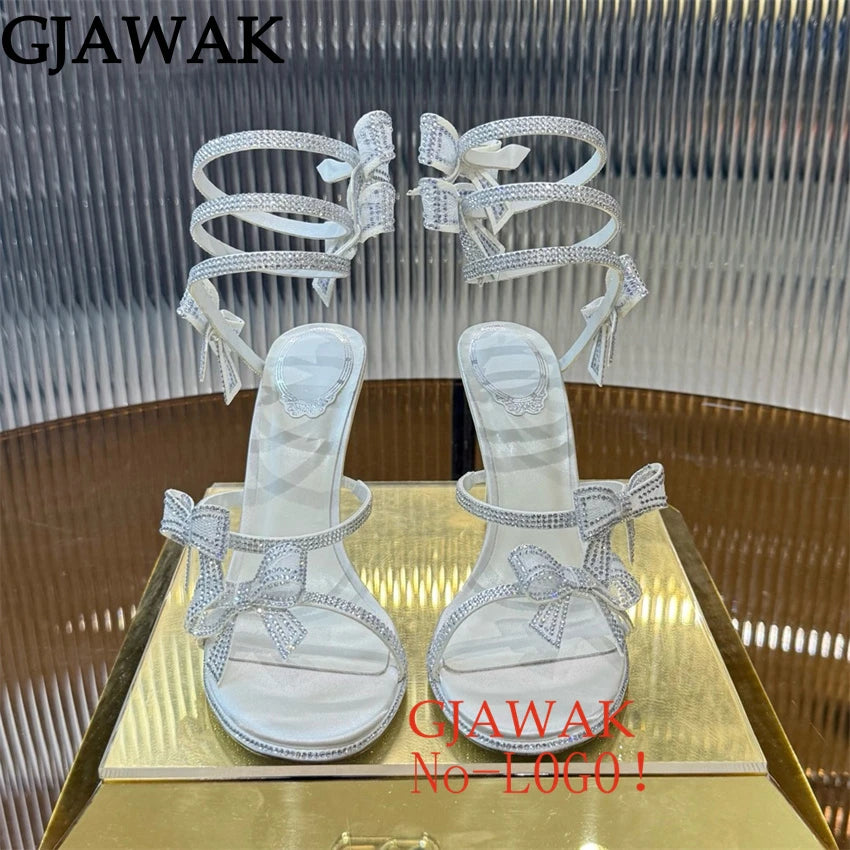 Summer Crystal Bowknot High Heels Sandals Woman Twine Around Ankle Snake Wedding Shoes For Woman Runway Gladiator Sandals Women
