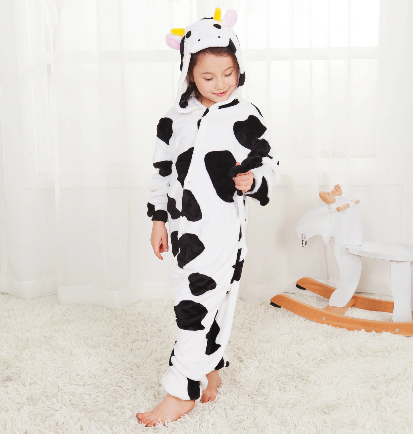 Children's One-Piece Sleep Suits Kids Cute Cow Flannel Cartoon Animal Pajamas Halloween Christmas Performance Onesies Costumes