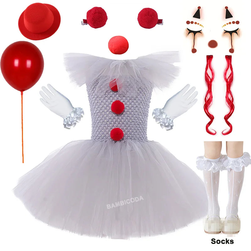 Halloween Pennywise Costume Creepy Clown Gray Tutu Dress Outfit Girls Fancy Carnival Party Tulle Dresses Joker Clothes