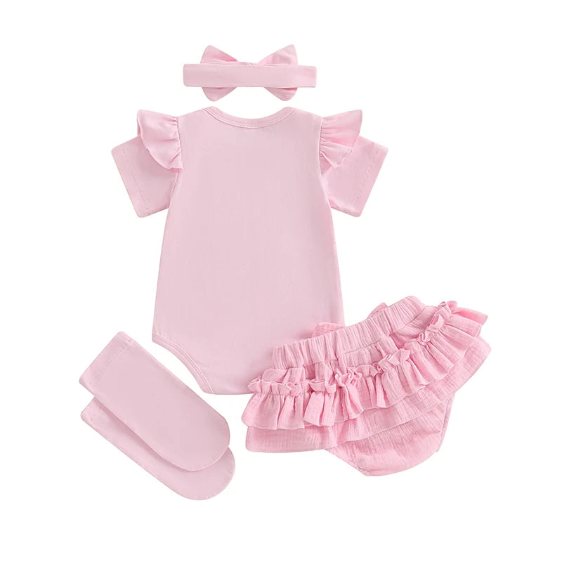 0-18M Newborn Infant Baby Girl Summer Outfits Bow Embroidery Short Sleeve Romper+Tutu Skirt Shorts+Socks +Headband Set