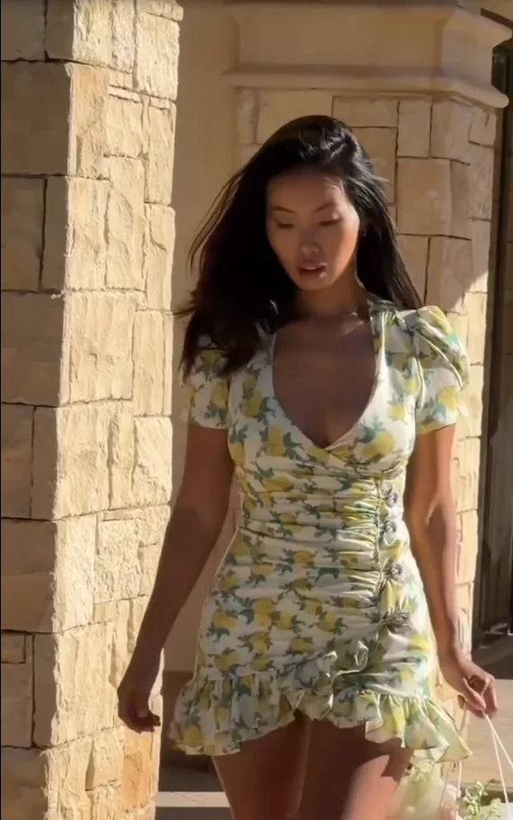 Elegant Print Low-cut Ruffle Short Dress Women V-neck Short-sleeved Waist Cinching Pleated Mini Dresses 2026 Lady Party Vestidos