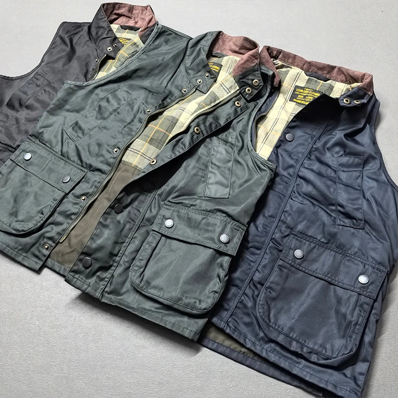 2026 Autumn Winter New American Retro Sleeveless Cargo Vest with Oil Wax Men's Multi-pockets Casual Heavyweight Waterproof Coat