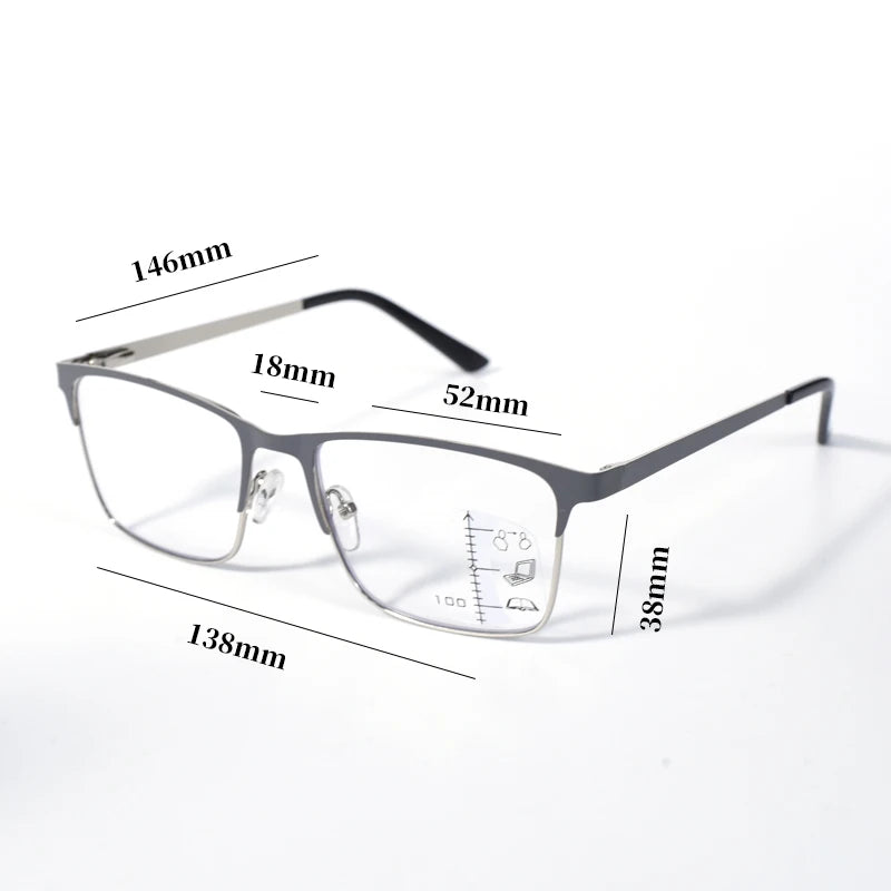 Double Color High Quality Multifocal Reading Glasses Men Women Stainless Steel Frame, Progressive Lens For Blue Light Blocking+1