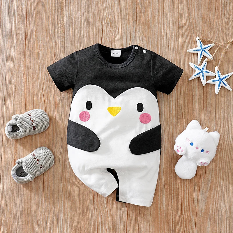 Baby Clothes Cute Cartoon Penguin Comfortable Soft Boy And Girl Summer Round Neck Short Sleeved Baby Jumpsuit