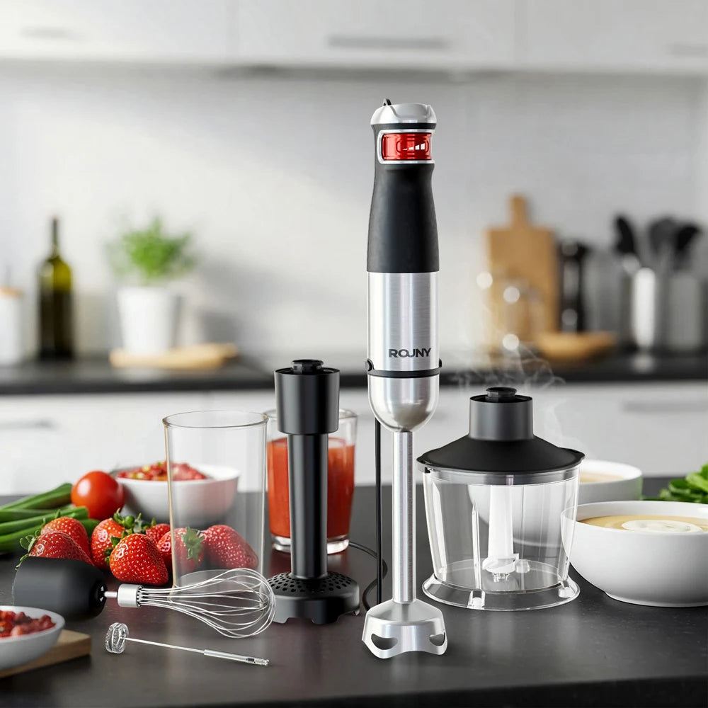 ROUNY 6-in-1 Multi-Purpose Immersion Hand Blender, Max 1500W Stick Blender with Stainless Steel Blades for Home and Kitchen